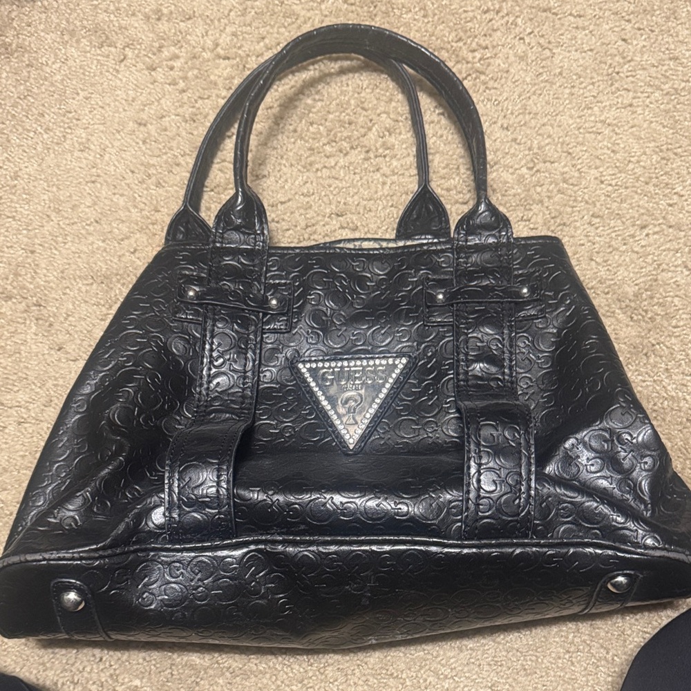 Guess Black Embossed Satchel with Triangle Logo